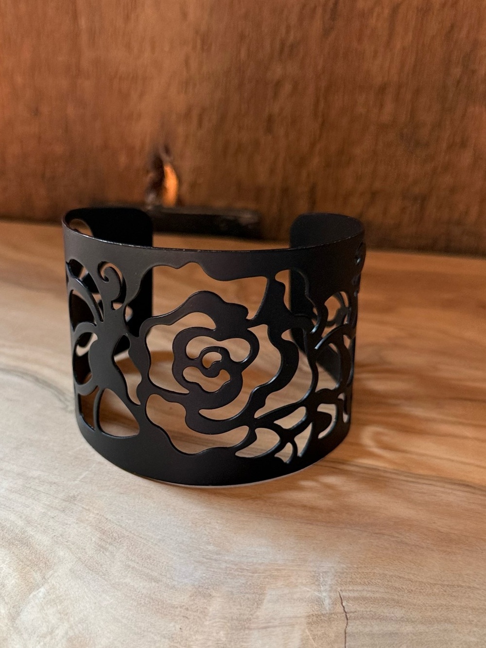 Black Floral Cutout Wide Cuff Metal Bracelet Matte Statement Adjustable Boho